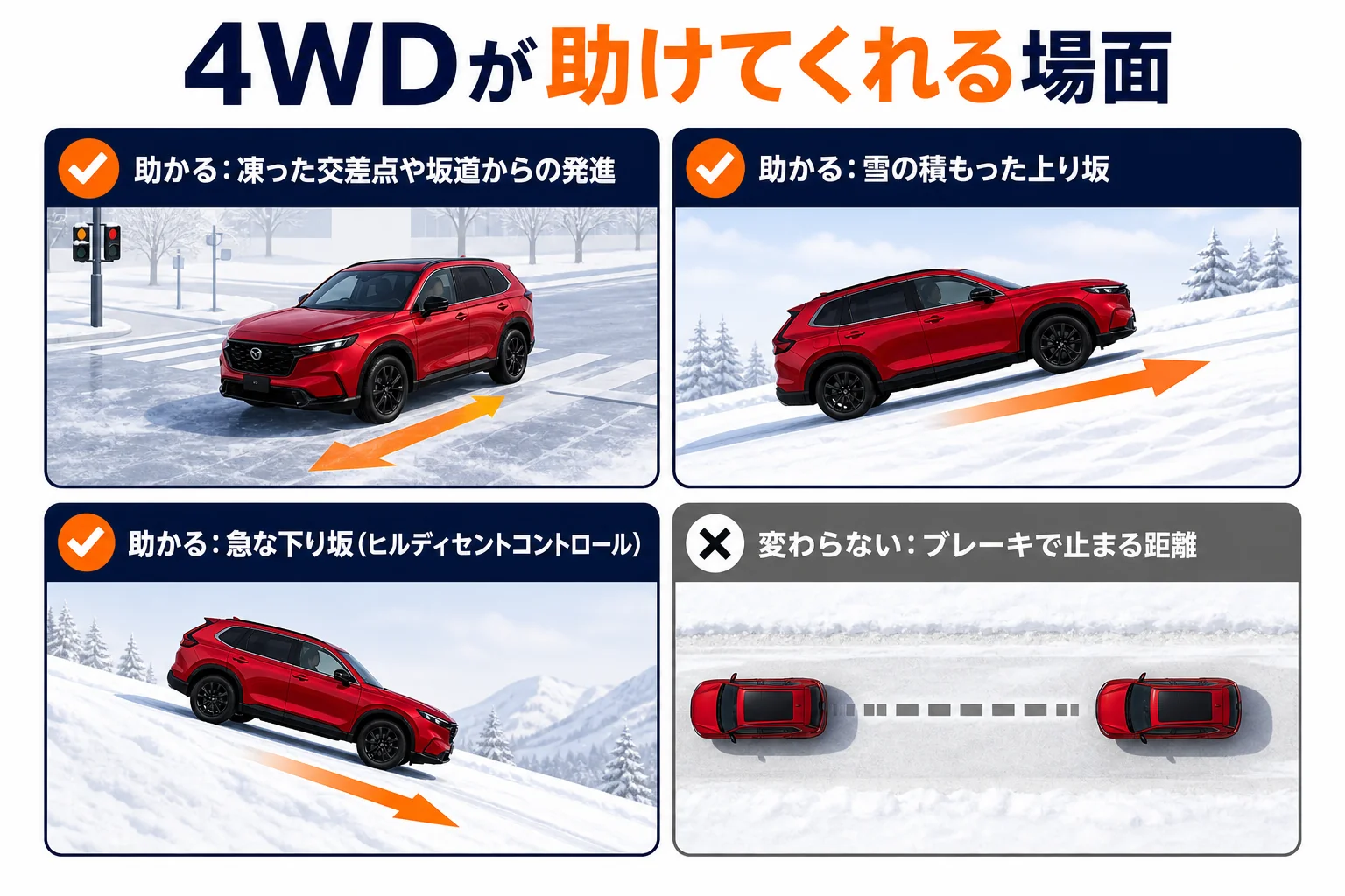 CX-5の4WDが雪道で役立つ場面と2WDと変わらない点を並べた図解