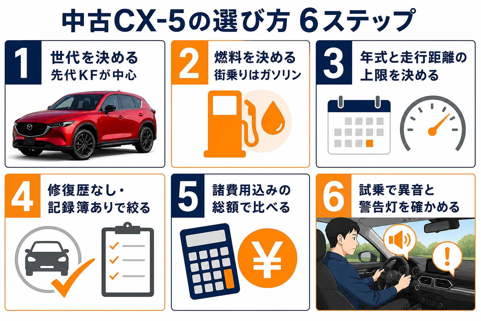 中古のCX-5を選ぶ6つの手順を並べた図解
