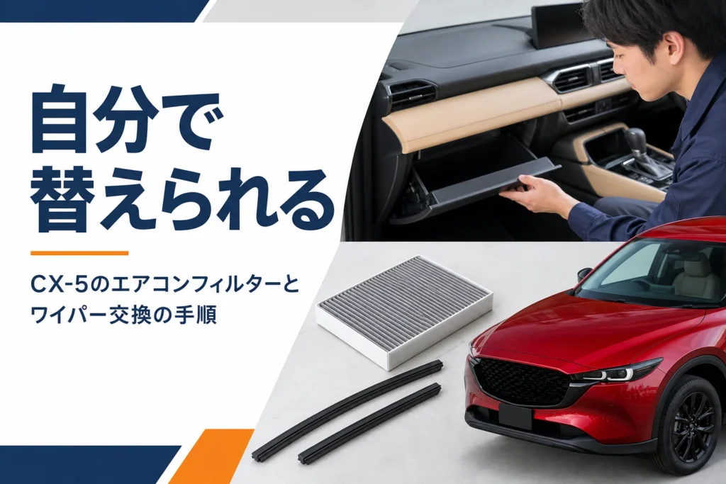 CX-5のエアコンフィルターとワイパーを自分で交換する様子を示したアイキャッチ