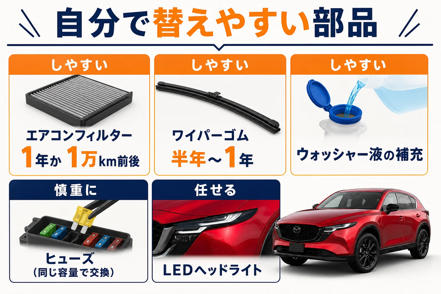 CX-5で自分で替えやすい部品と任せたい部品を分けた図解