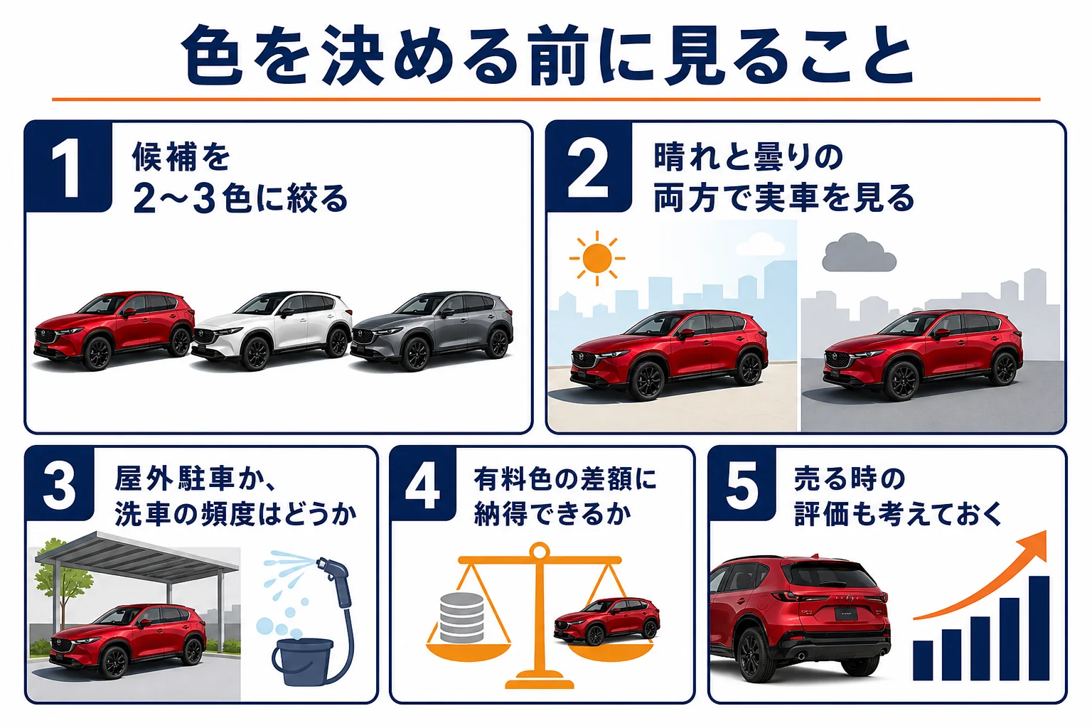 CX-5の色選びで確認したいポイントをまとめた図解