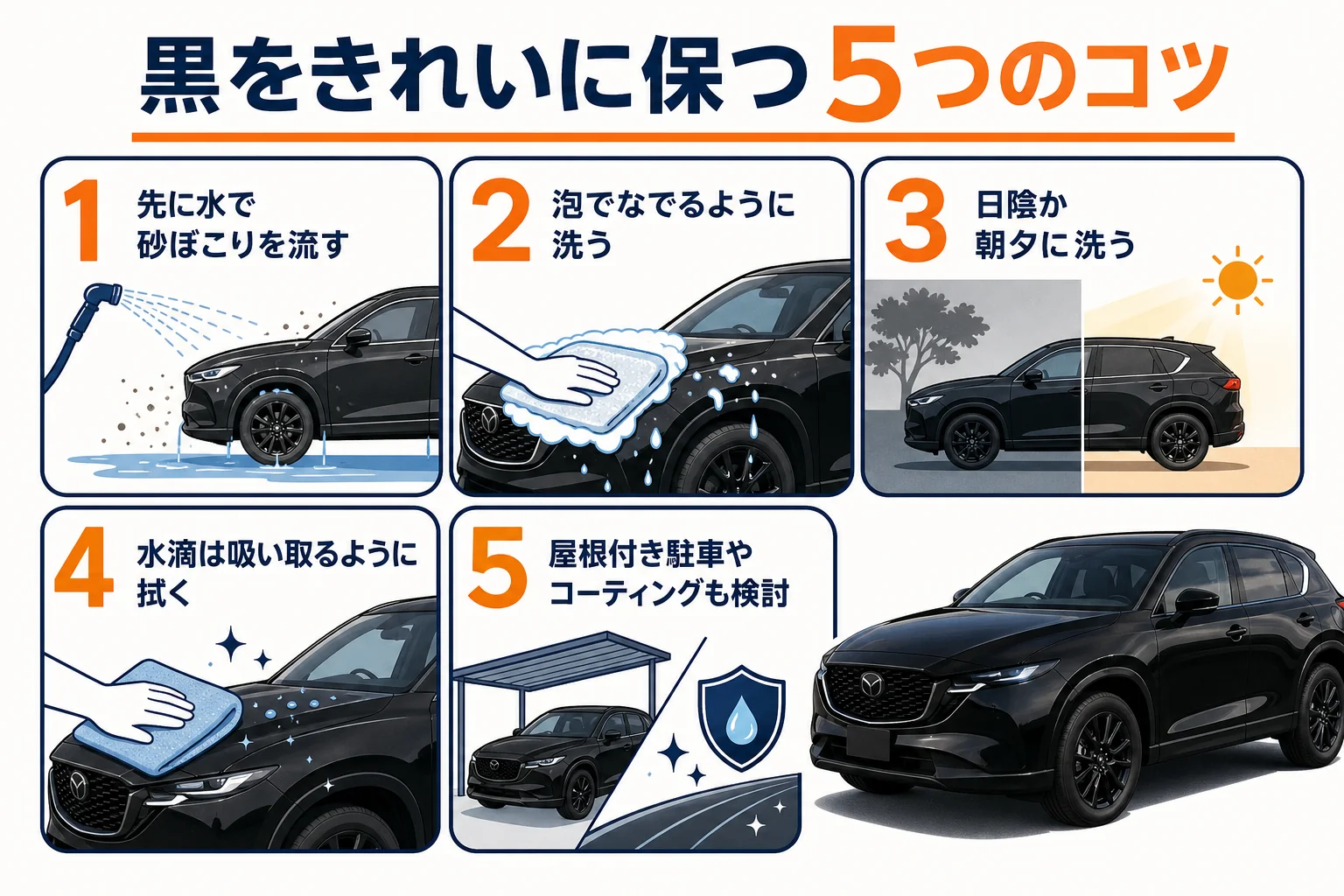 黒いCX-5をきれいに保つための対策をまとめた図解