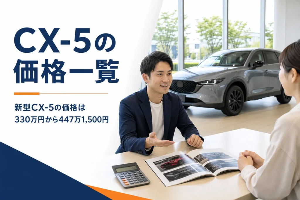 CX-5の価格をカタログと電卓で確かめている商談テーブル