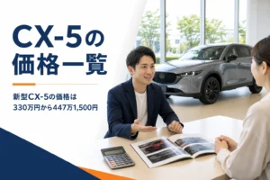 CX-5の価格をカタログと電卓で確かめている商談テーブル