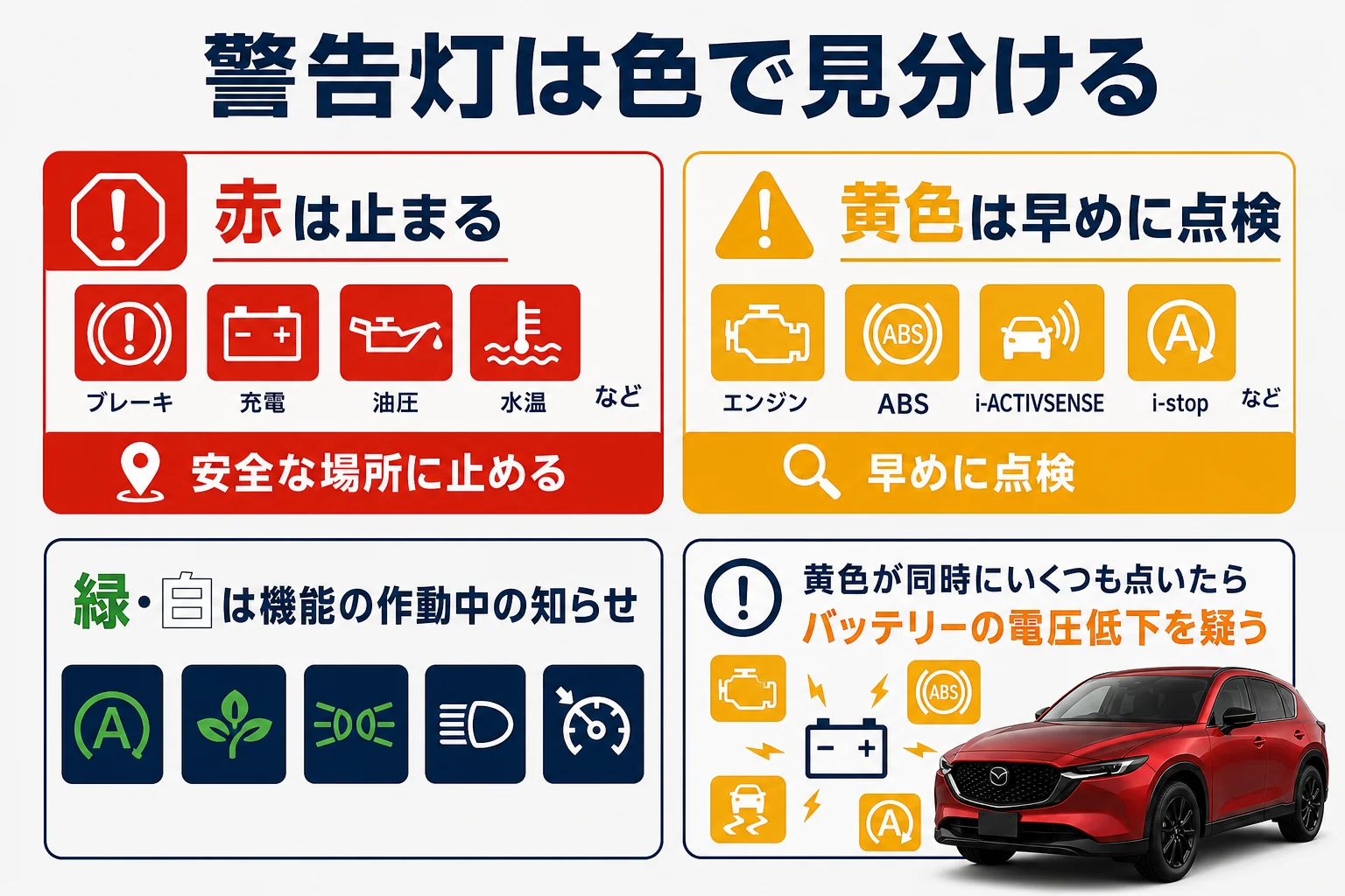 CX-5の警告灯を赤・黄色・緑の色で分けて対処を示した図解