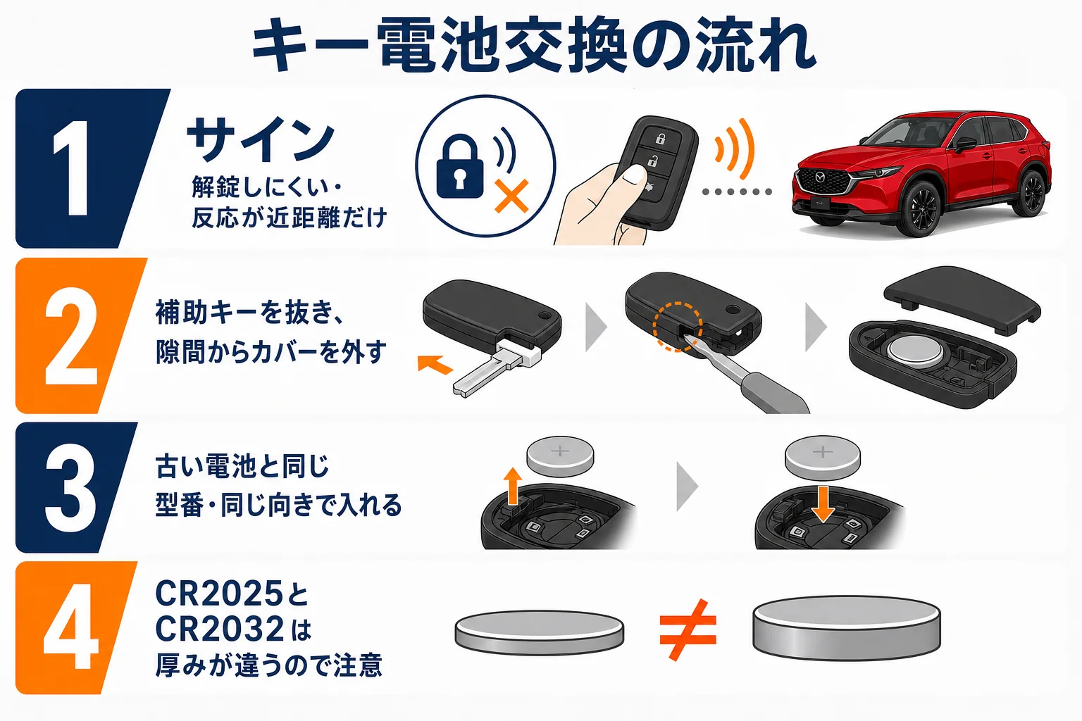 CX-5のスマートキー電池が弱ってきたサインと交換の流れの図解
