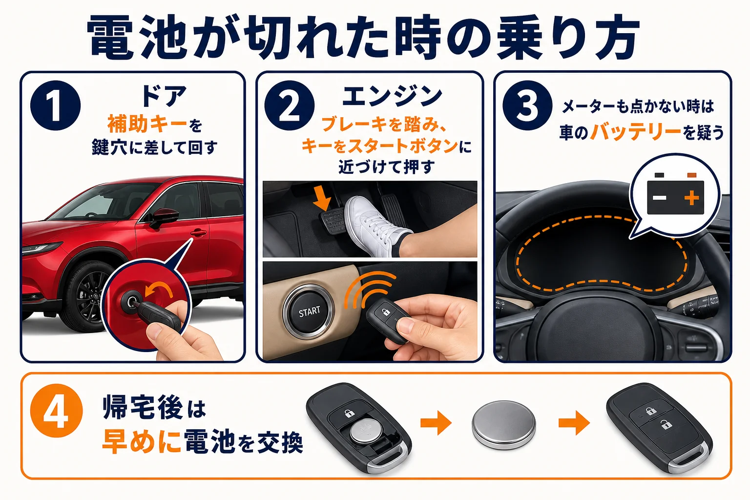 CX-5のキー電池が切れた時のドアの開け方とエンジンのかけ方の図解