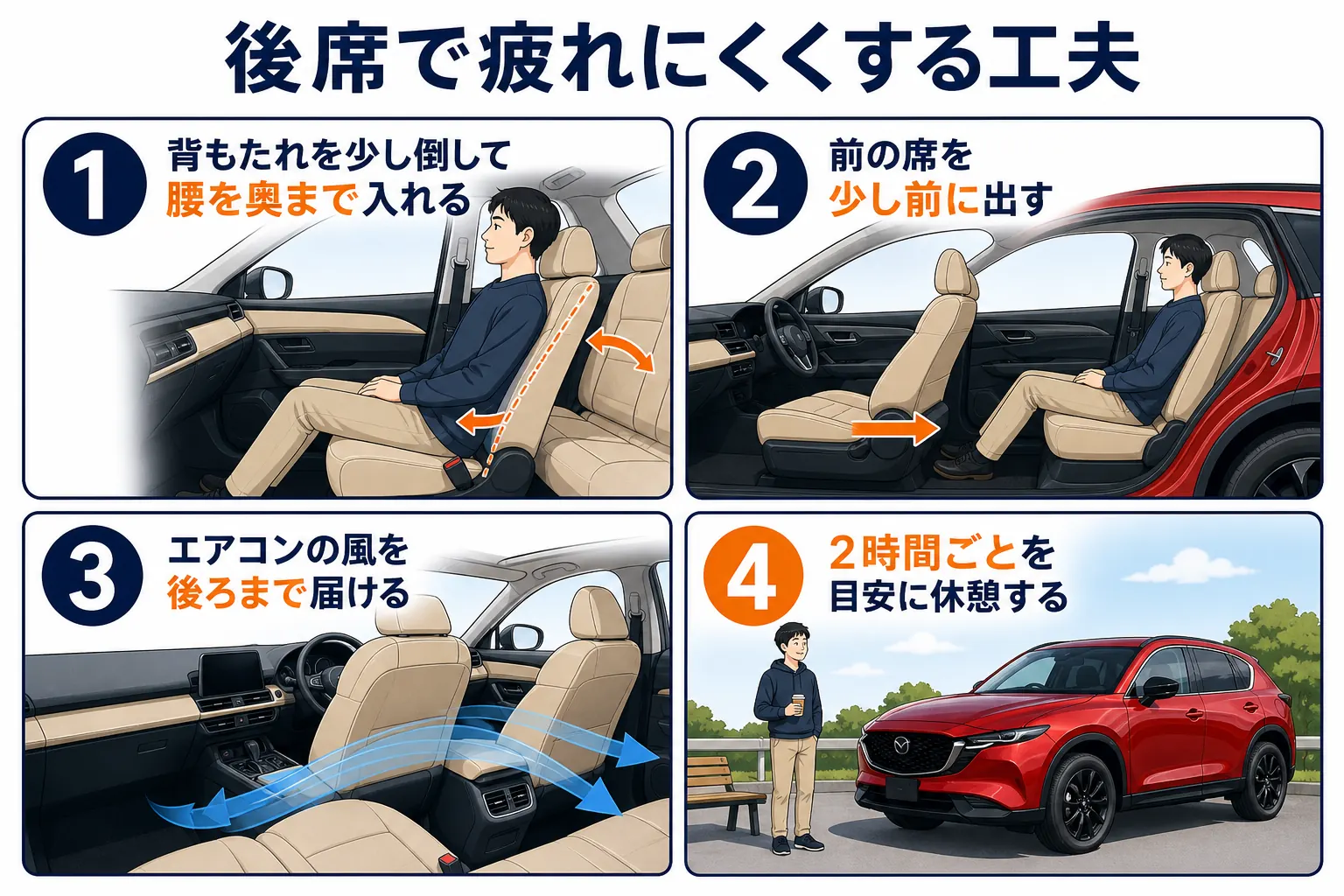 CX-5の後部座席で疲れにくくする工夫を並べた図解