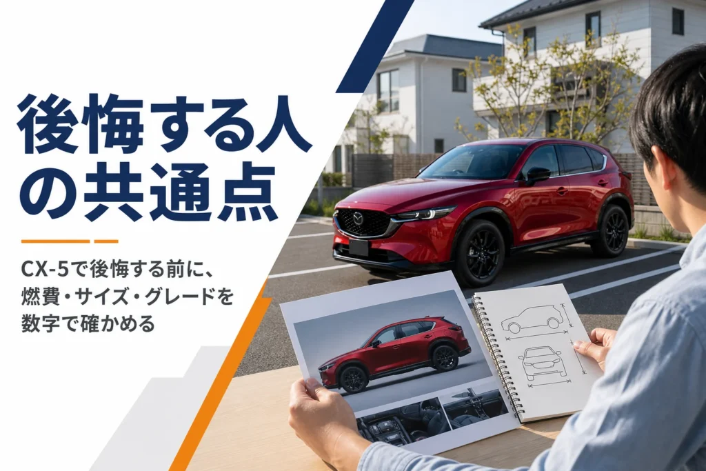 駐車場のSUVの横でカタログと寸法メモを見比べる手元