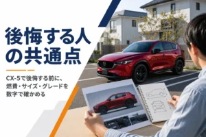 駐車場のSUVの横でカタログと寸法メモを見比べる手元