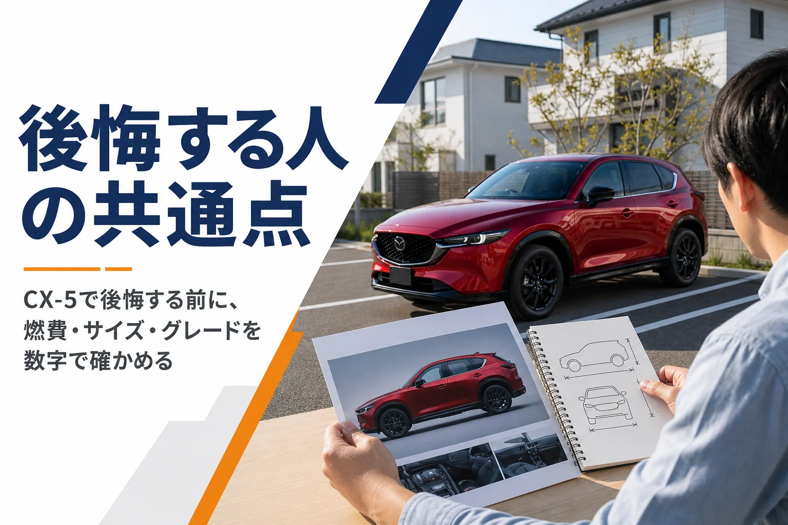 駐車場のSUVの横でカタログと寸法メモを見比べる手元