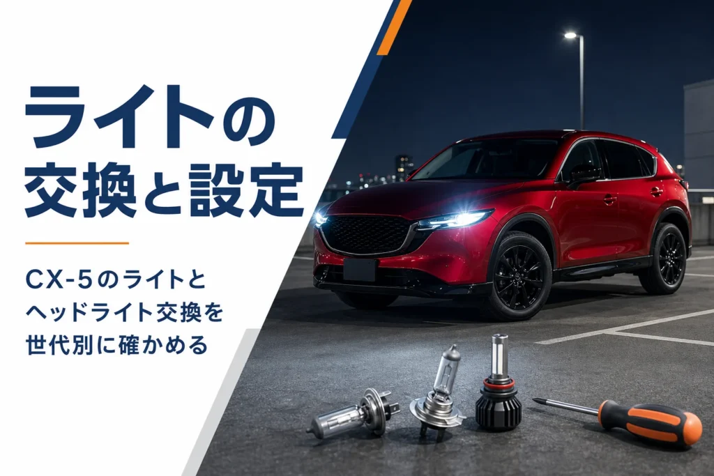 CX-5のライト交換と設定を世代別に解説する記事のアイキャッチ