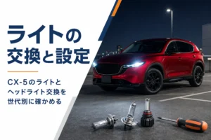 CX-5のライト交換と設定を世代別に解説する記事のアイキャッチ