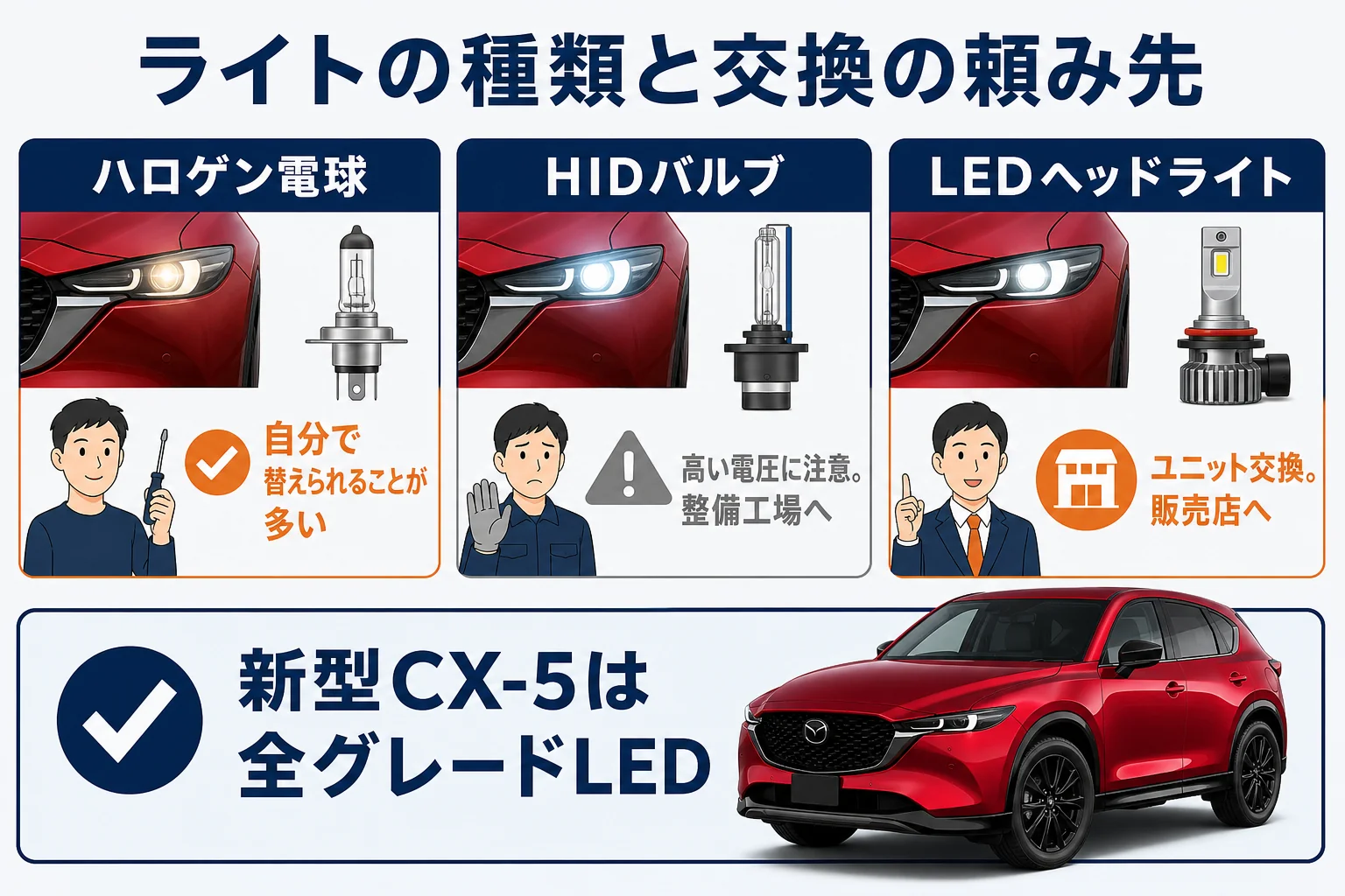 CX-5のライトの種類ごとに交換方法を比べた図解