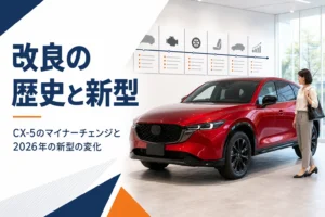 ショールームに置かれた新しいミドルサイズSUVと年表パネル