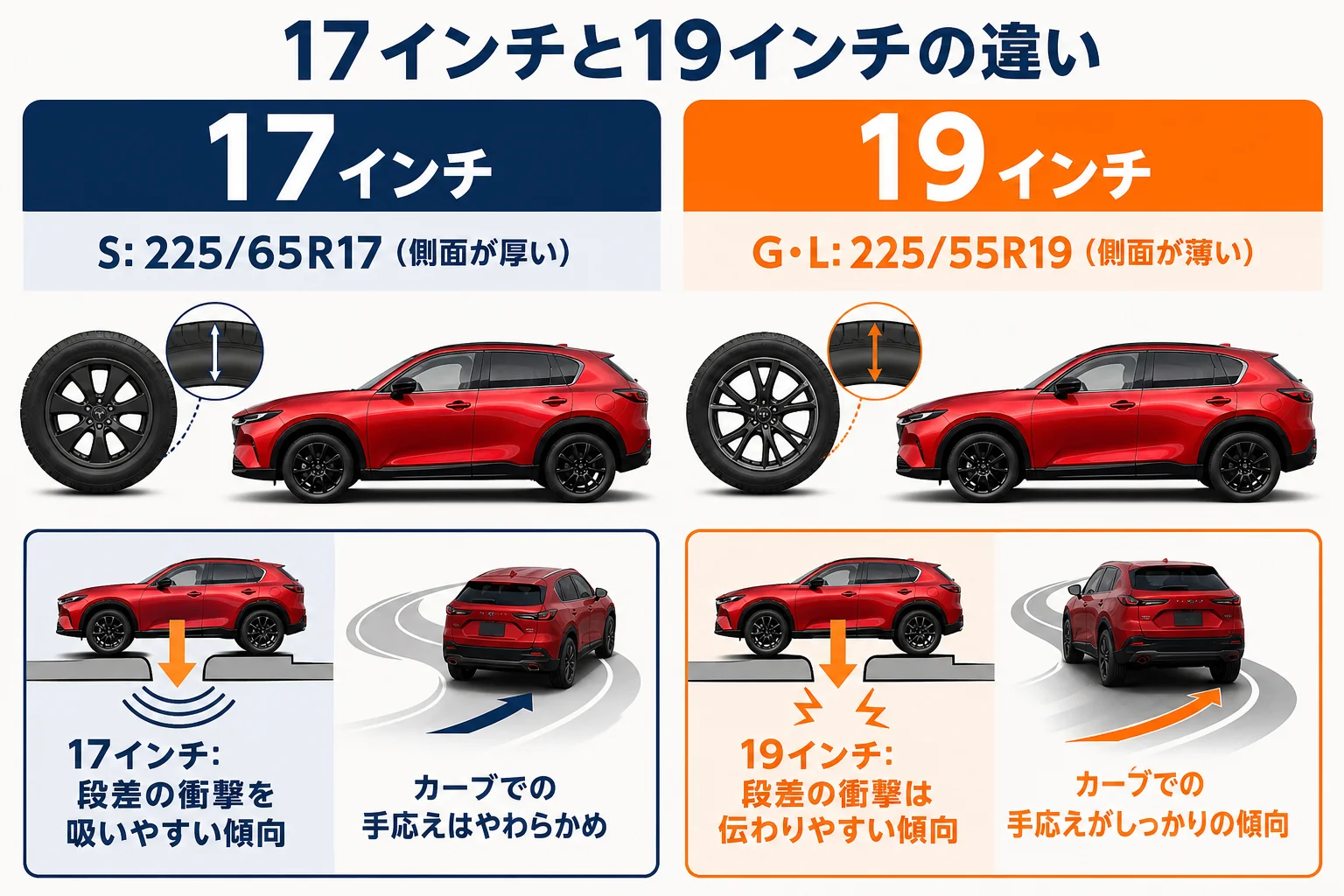 CX-5の17インチと19インチのタイヤの違いと乗り心地の傾向を示した図解