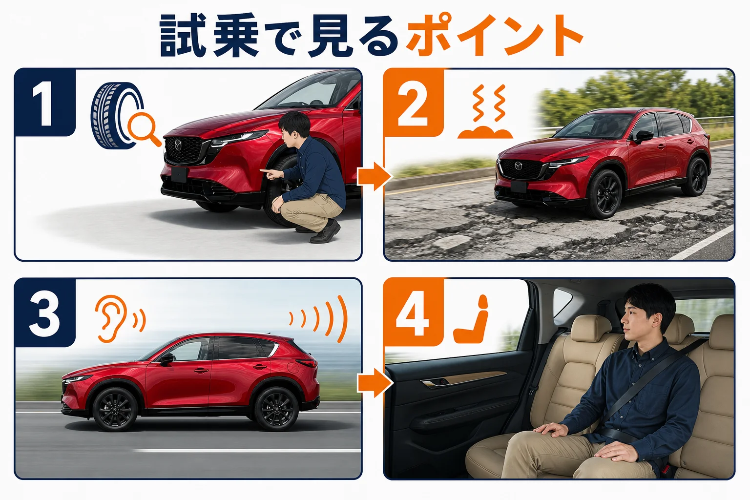 CX-5の試乗で乗り心地と静粛性を確かめる手順を示した図解