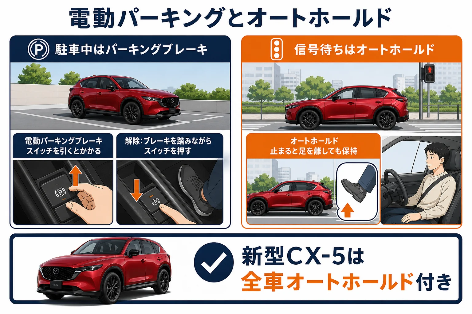 CX-5の電動パーキングブレーキとオートホールドの使い分けの図解