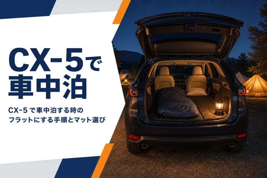 夜のキャンプ場でCX-5の荷室にマットと寝袋を敷いたアイキャッチ