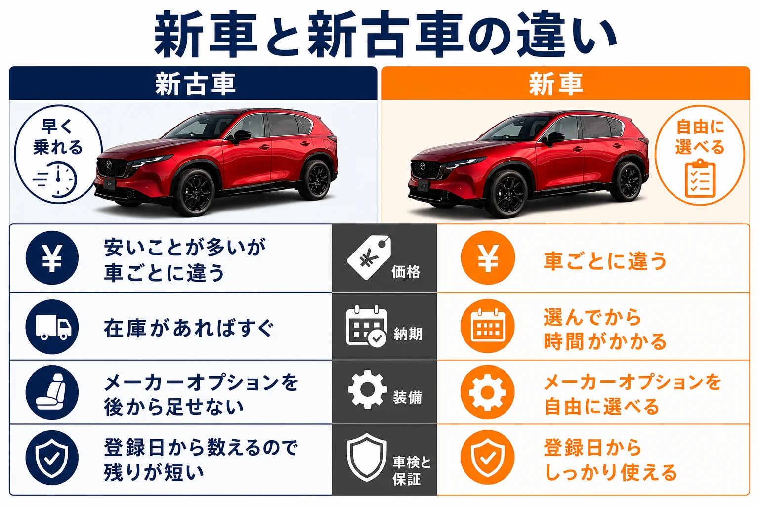 CX-5の新車と新古車を価格・納期・選べる装備で比べた図解