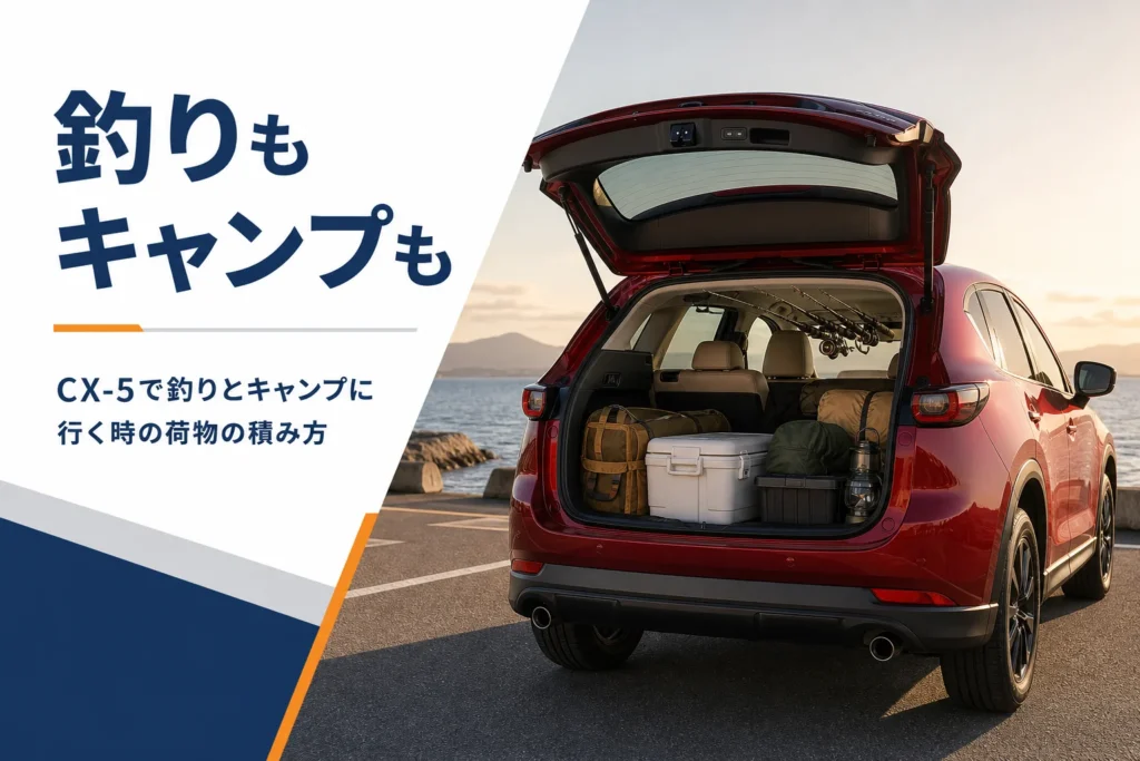 CX-5の荷室にキャンプ道具を積み天井に釣竿を載せたアイキャッチ