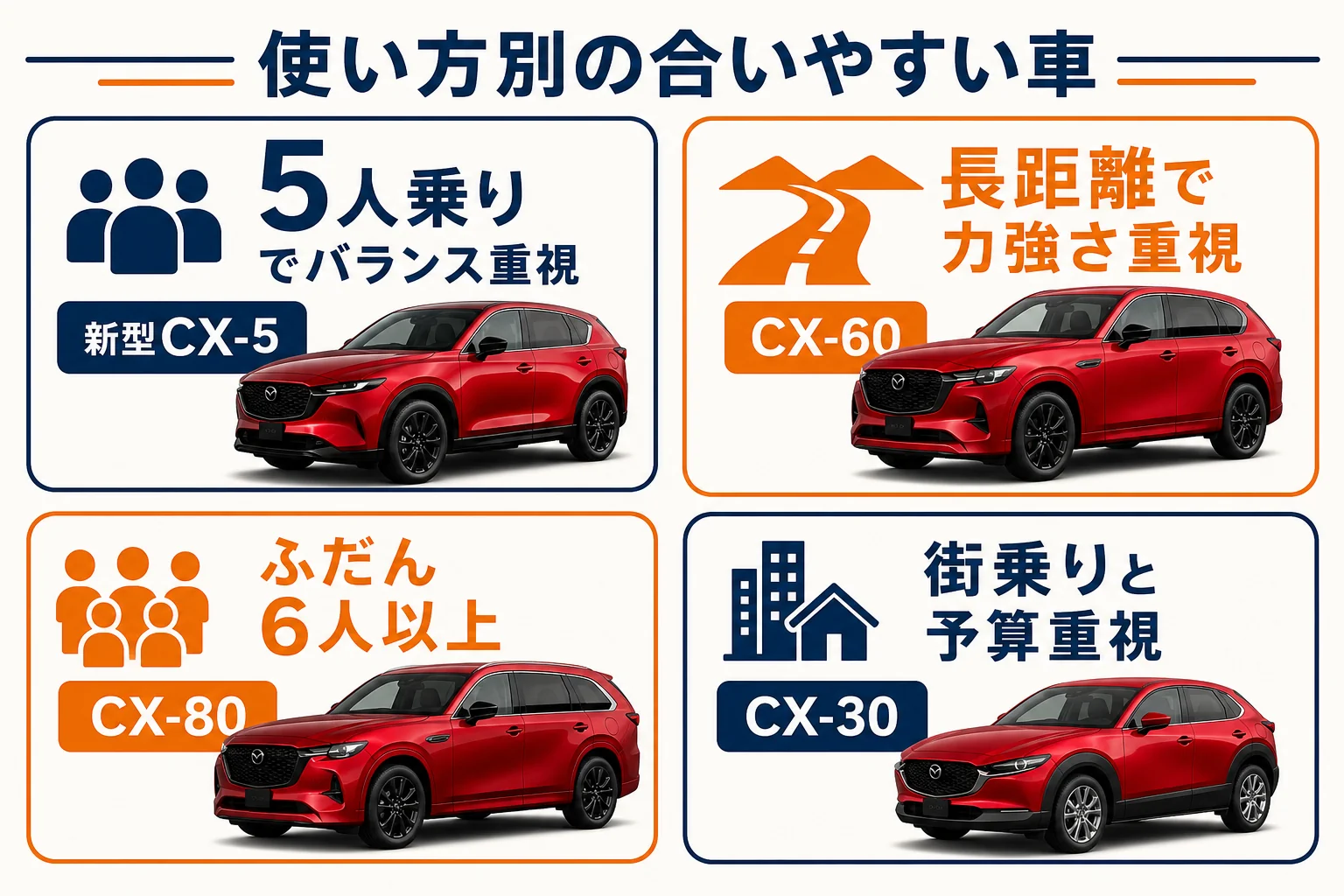 使い方ごとにマツダのSUVのどれが合うかを示した図解