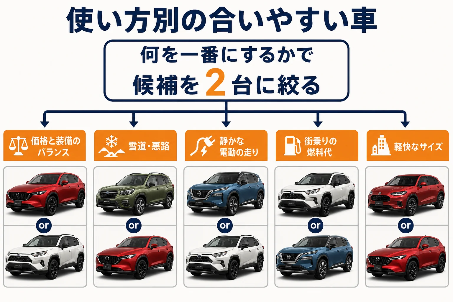 使い方ごとにCX-5とライバル車のどれが合うかを示した図解