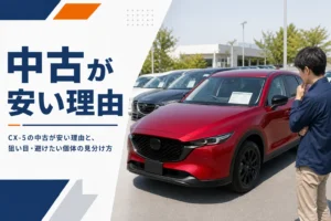 中古車店の展示場に並ぶSUVと値札