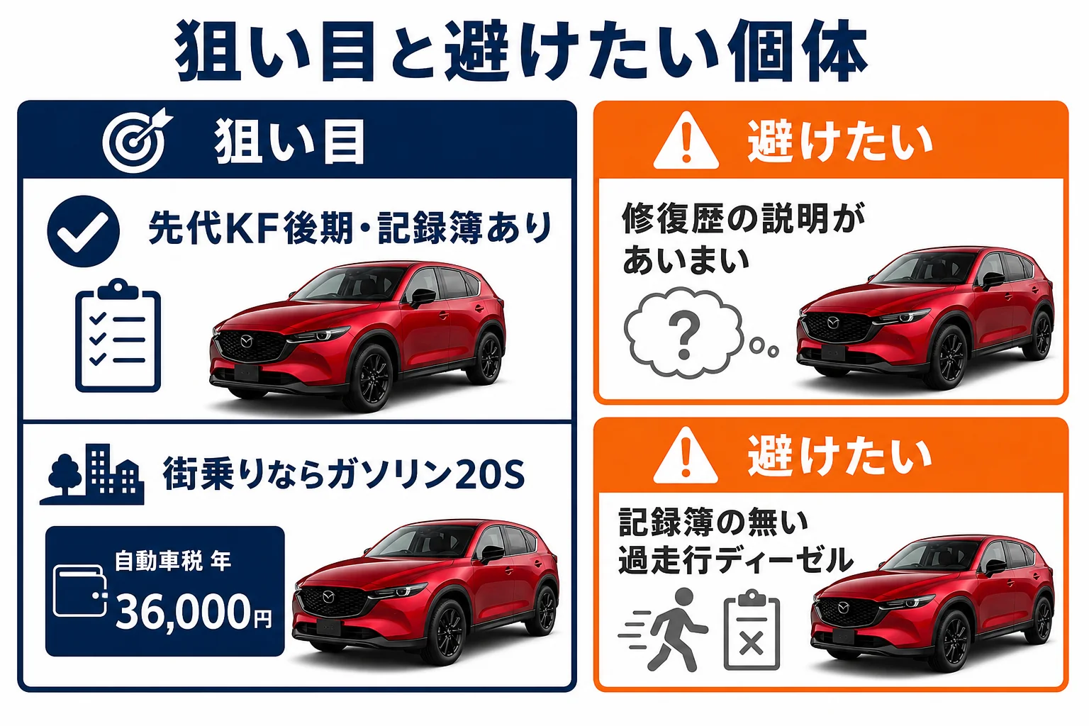 安いCX-5中古で見る点と避けたい個体を比べた図解